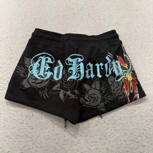 Ed Hardy Floral Rose Graphic Women's Black Phoenix Fleece Shorts Casual Size XS
