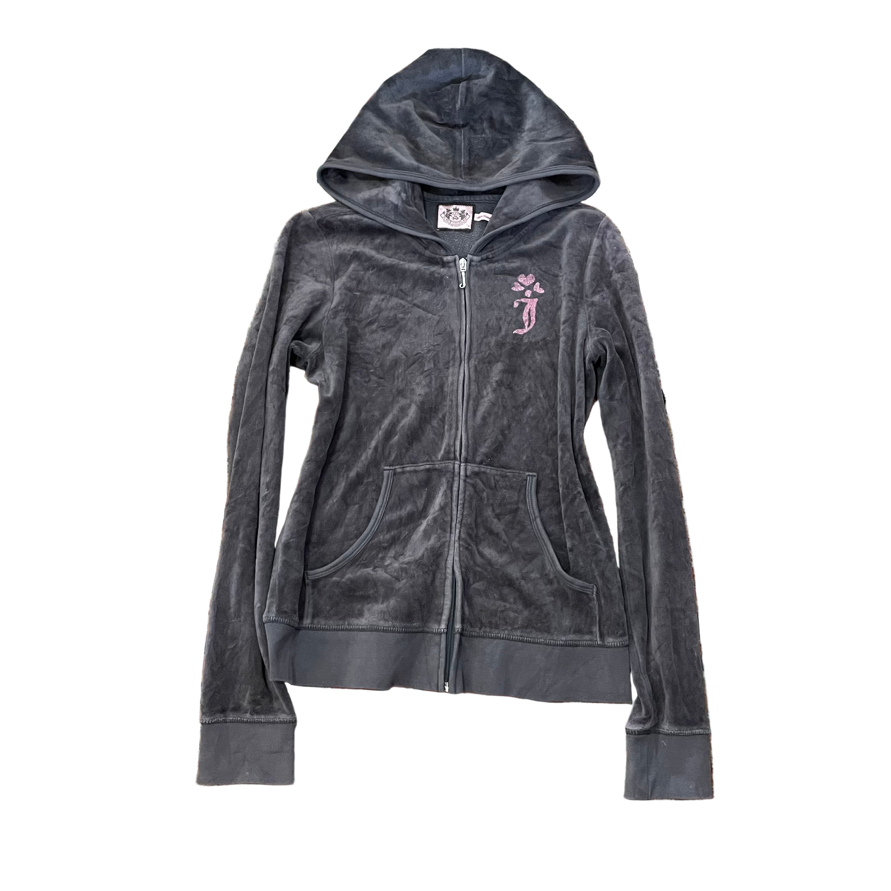 Vintage Juicy Couture Grey Velour Pink Glitter Crown Zip Hoodie Size M