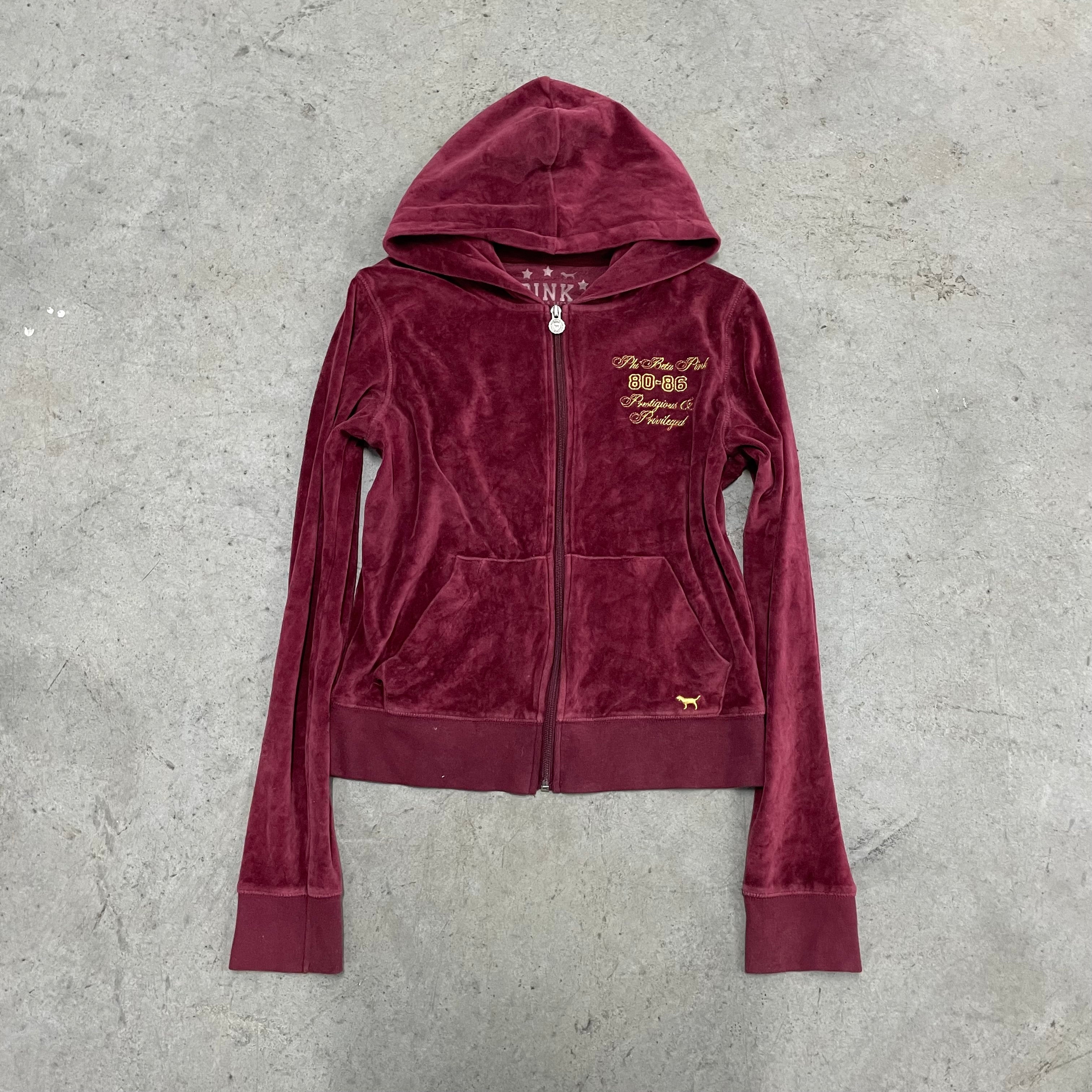 Vintage Victoria’s Secret PINK Burgundy Velour Hoodie with Embroidered Back Logo Size M