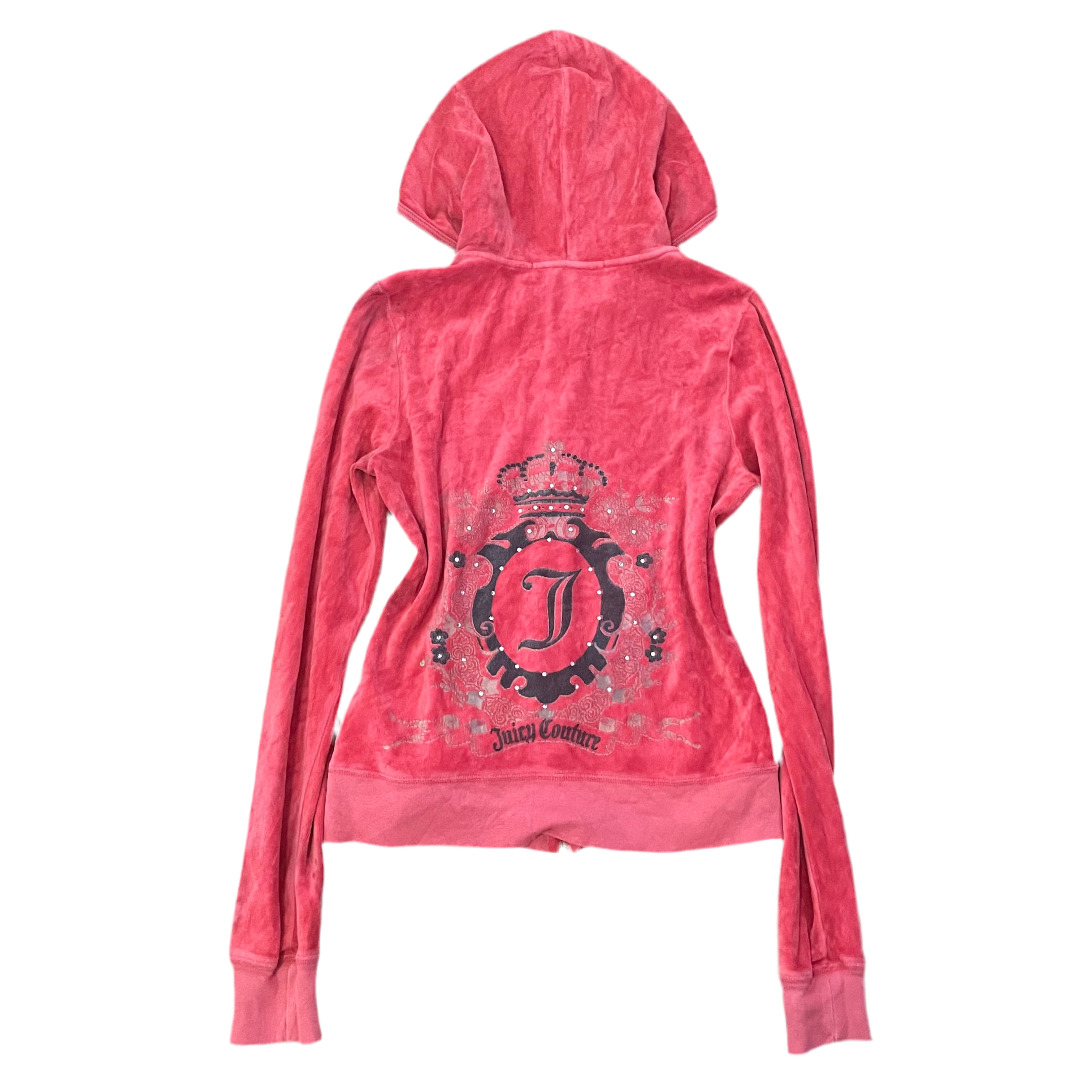 Vintage Juicy Couture Red Velour Rhinestone Crown Crest Zip Hoodie Size M