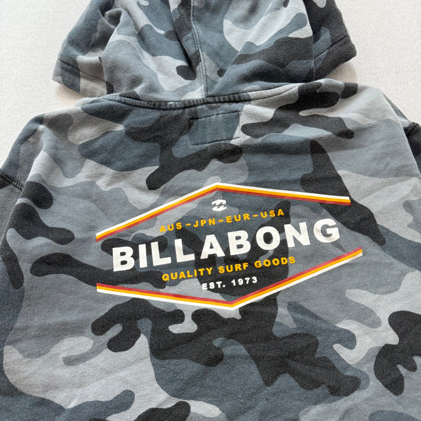 Billabong Men Gray Black Camouflage Pullover Hoodie Kangaroo Pocket Logo Size XL
