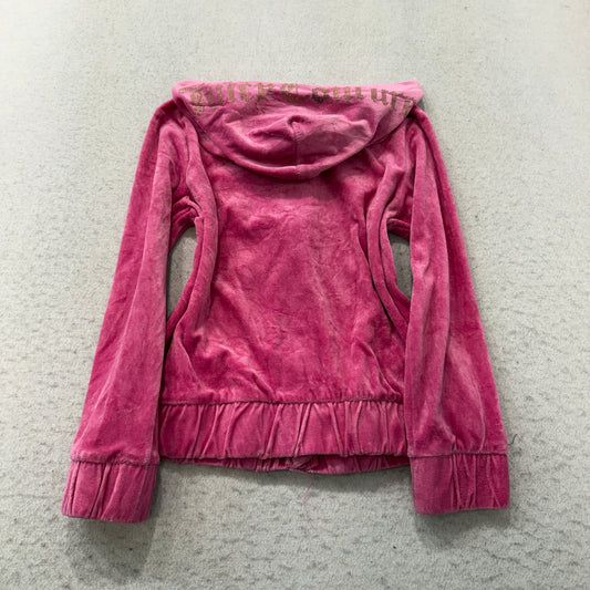 Juicy Couture Womens Pink Velour Zip-Up Hoodie Pockets Ruffle Hem Classic Size S