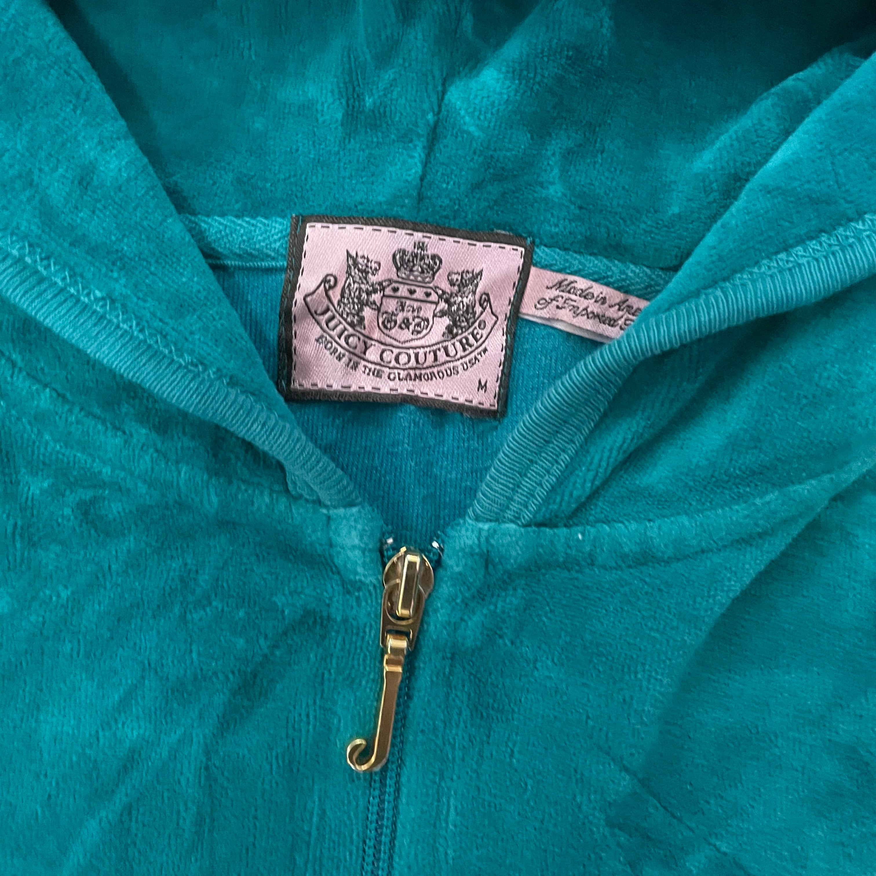 Vintage Juicy Couture Teal Velour Rhinestone Script JC Zip Hoodie Size M