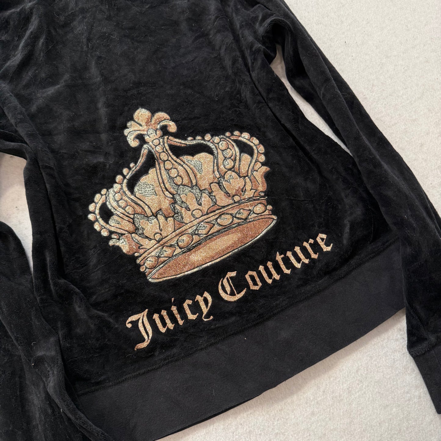 Juicy Couture Women's Black Velour Full Zip Hoodie Loungewear Crown Logo Size L