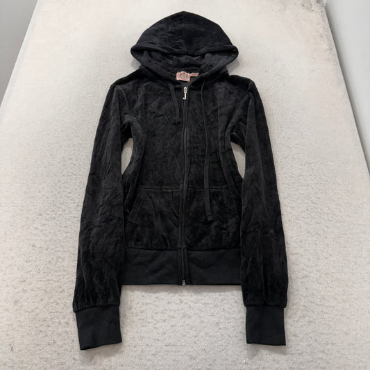Juicy Couture Women's Black Velour Zip-Up Hoodie Crown Graphic Logo Y2K Size M