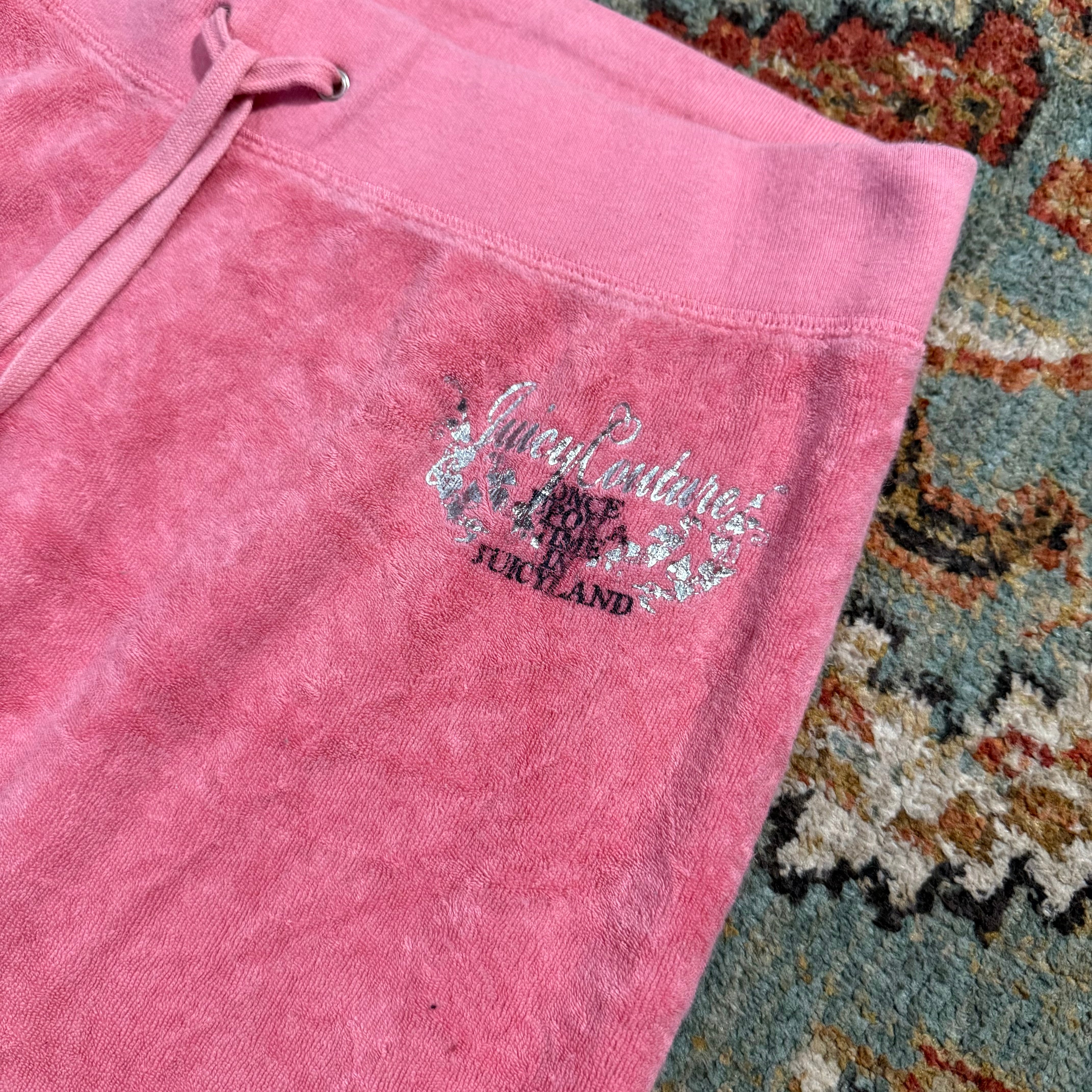 Vintage Juicy Couture Pink Terry Cloth Flared Pants Rhinestone Crest Size M