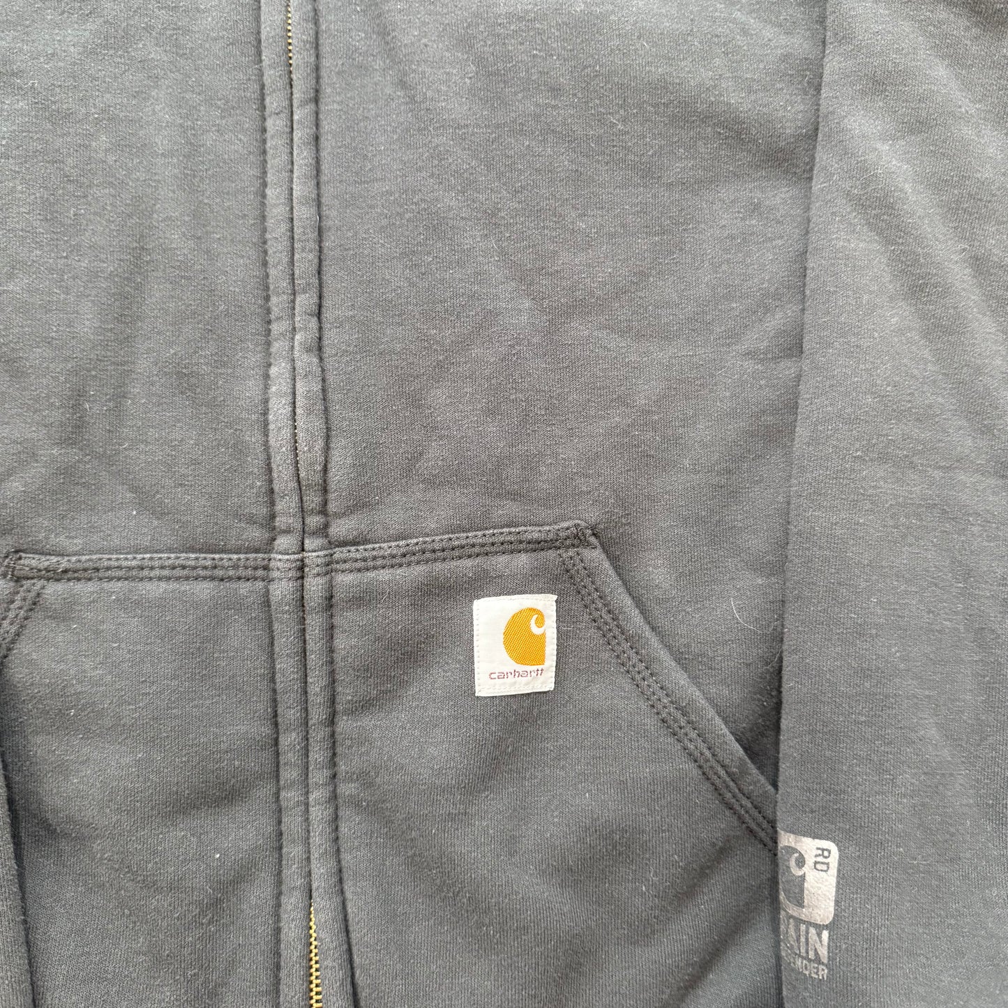 Carhartt Men's Black Cotton Full Zip Hoodie Split Kangaroo Pockets Logo Size XL
