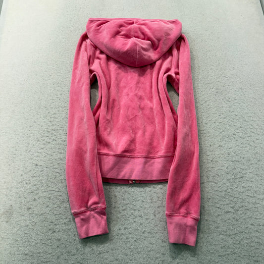 Juicy Couture Women's Pink Velour Zip-Up Hoodie Pockets JC Logo Classic Size S