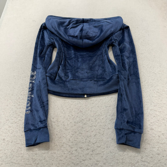 Playboy Women's Blue Velour Zip-Up Hoodie Rhinestone Embellished Pockets Size S