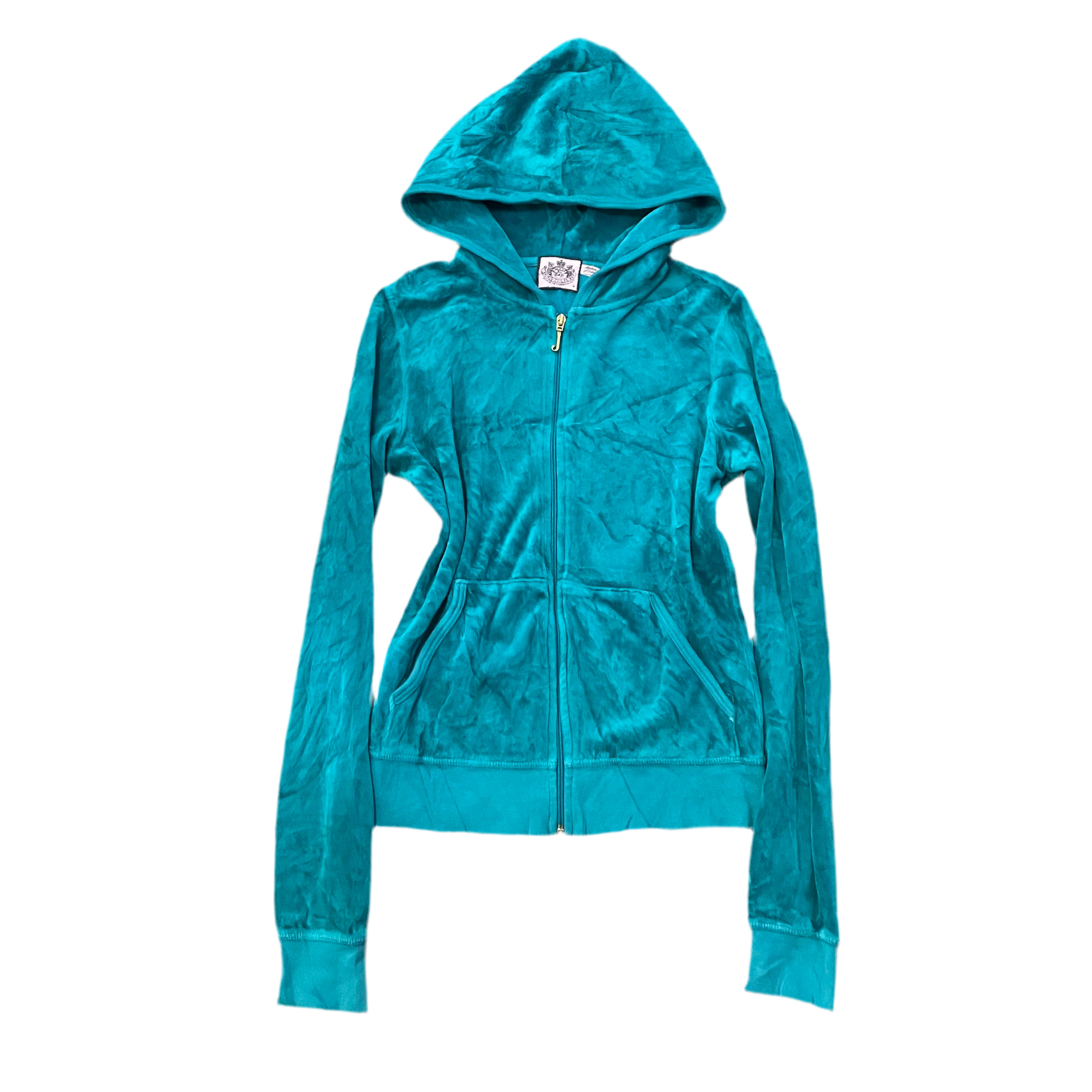 Vintage Juicy Couture Teal Velour Rhinestone Script JC Zip Hoodie Size M