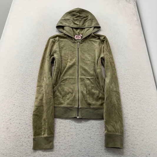 Juicy Couture Women's Olive Green Velour Zip-Up Hoodie Glitter Logo Y2K Size XL