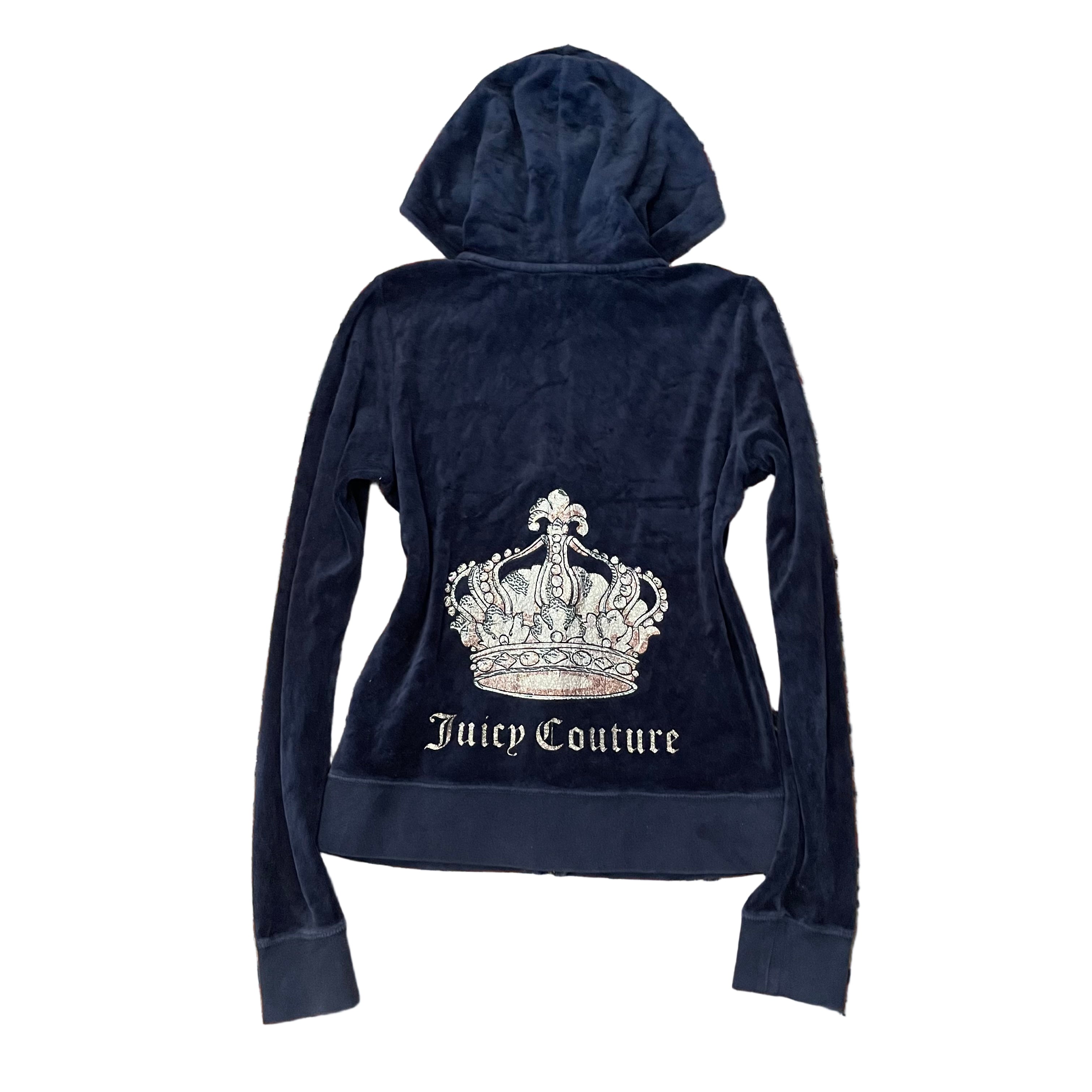 Vintage Juicy Couture Navy Velour Glitter Chandelier Crown Zip Hoodie Size M