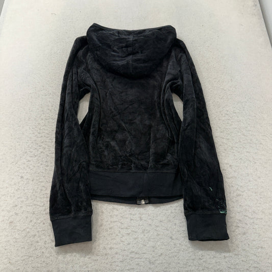 Juicy Couture Women Black Velour Zip-Up Hoodie Pockets Loungewear Classic Size M