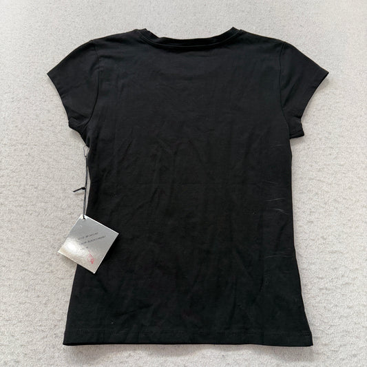 Baby Phat Womens Black Cotton T-Shirt Stretch Rhinestone Panther Logo Tee Size M