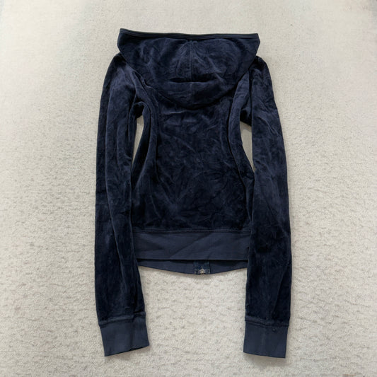 2003 Vintage Juicy Couture Women's Navy Blue Velour Zip-Up Hoodie Pockets Size S