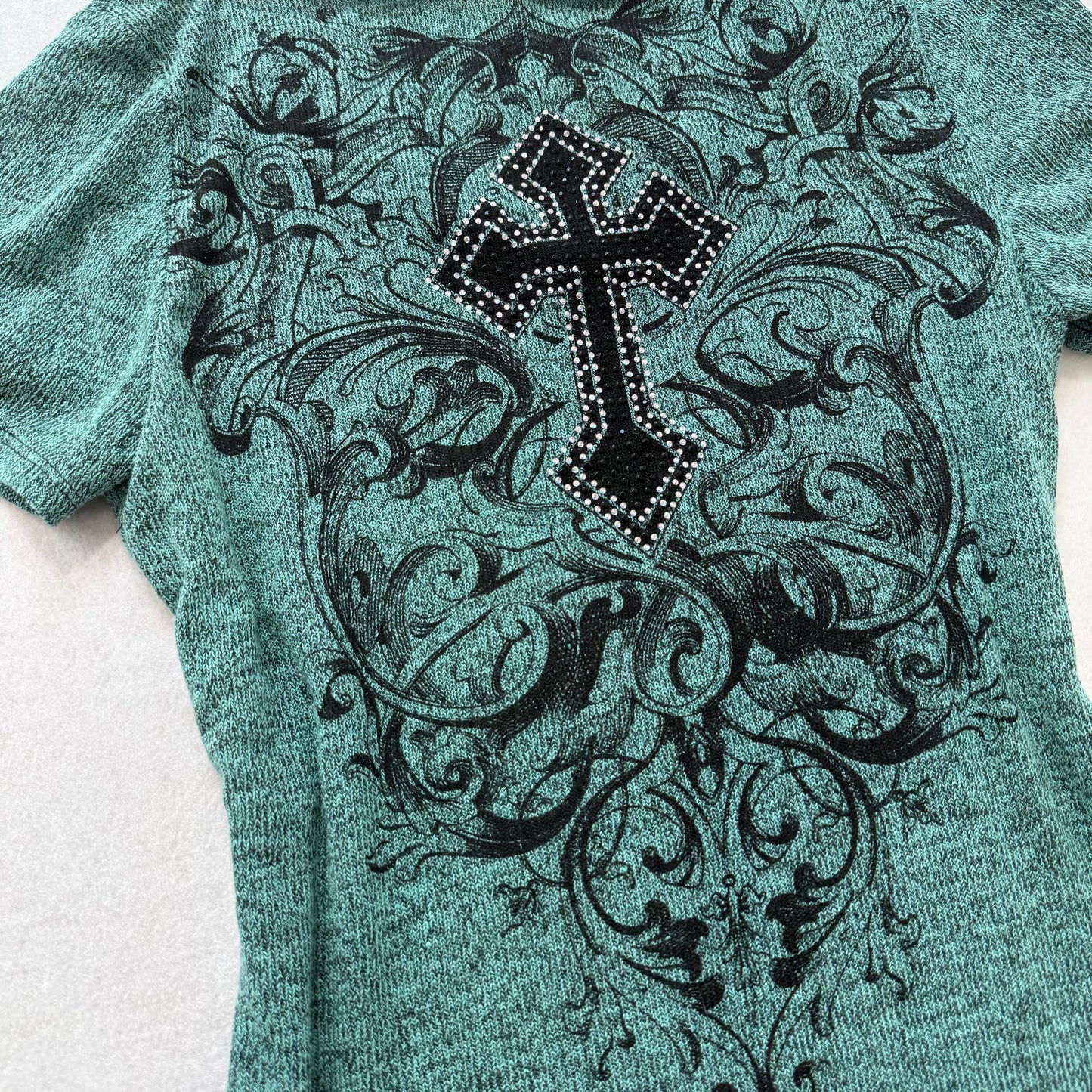 Vocal blue green rhinestone cross graphic stretch top size Medium - Clean Curriculums