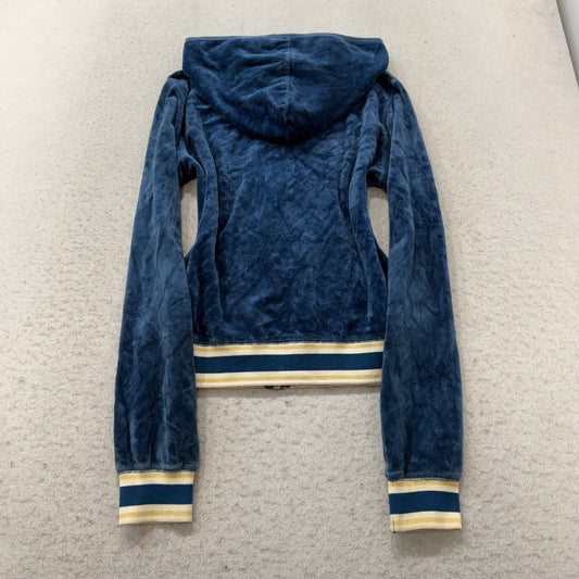 Vintage Juicy Couture Womens Navy Blue Velour Zip-Up Hoodie Striped Cuffs Size S