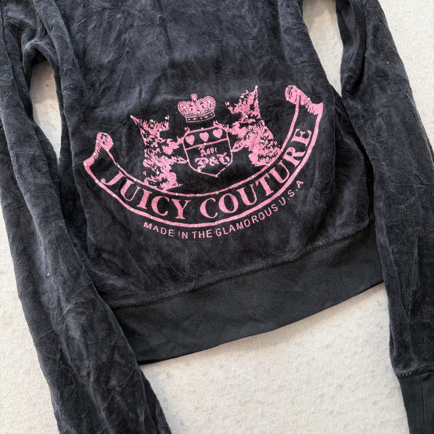 Vintage Juicy Couture “Scottie Dog” Women's Black Velour Full Zip Hoodie Size S