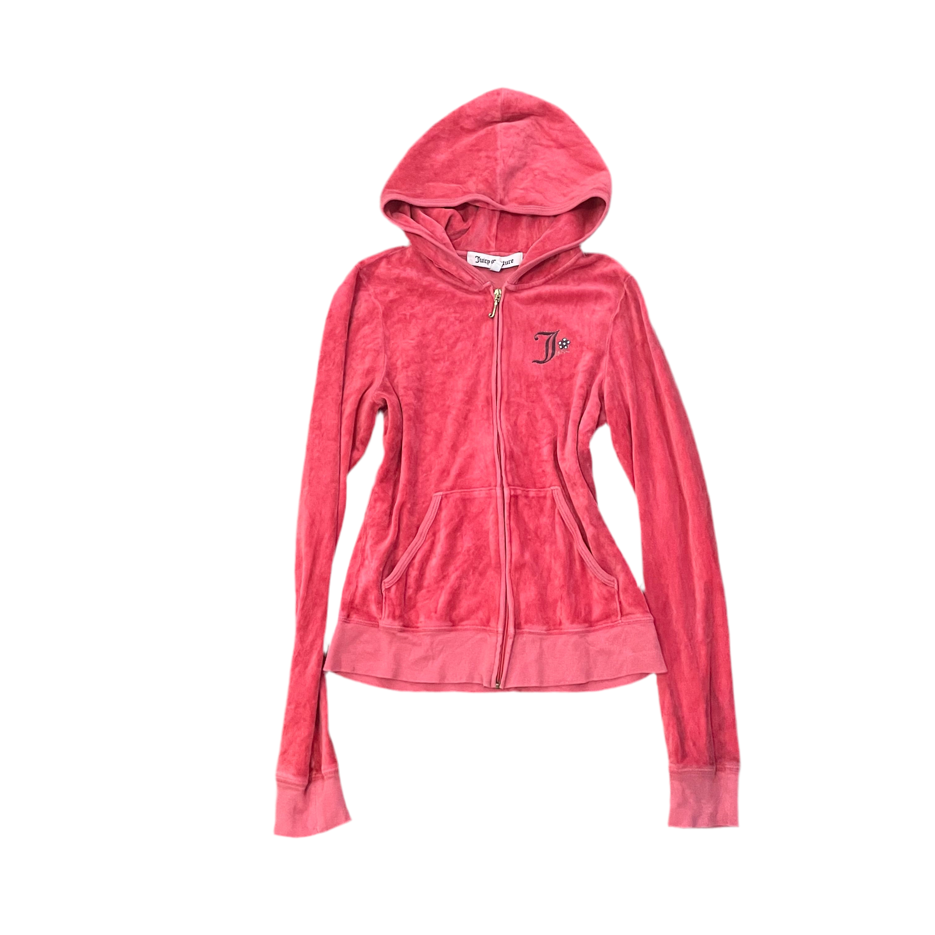 Vintage Juicy Couture Red Velour Rhinestone Crown Crest Zip Hoodie Size M