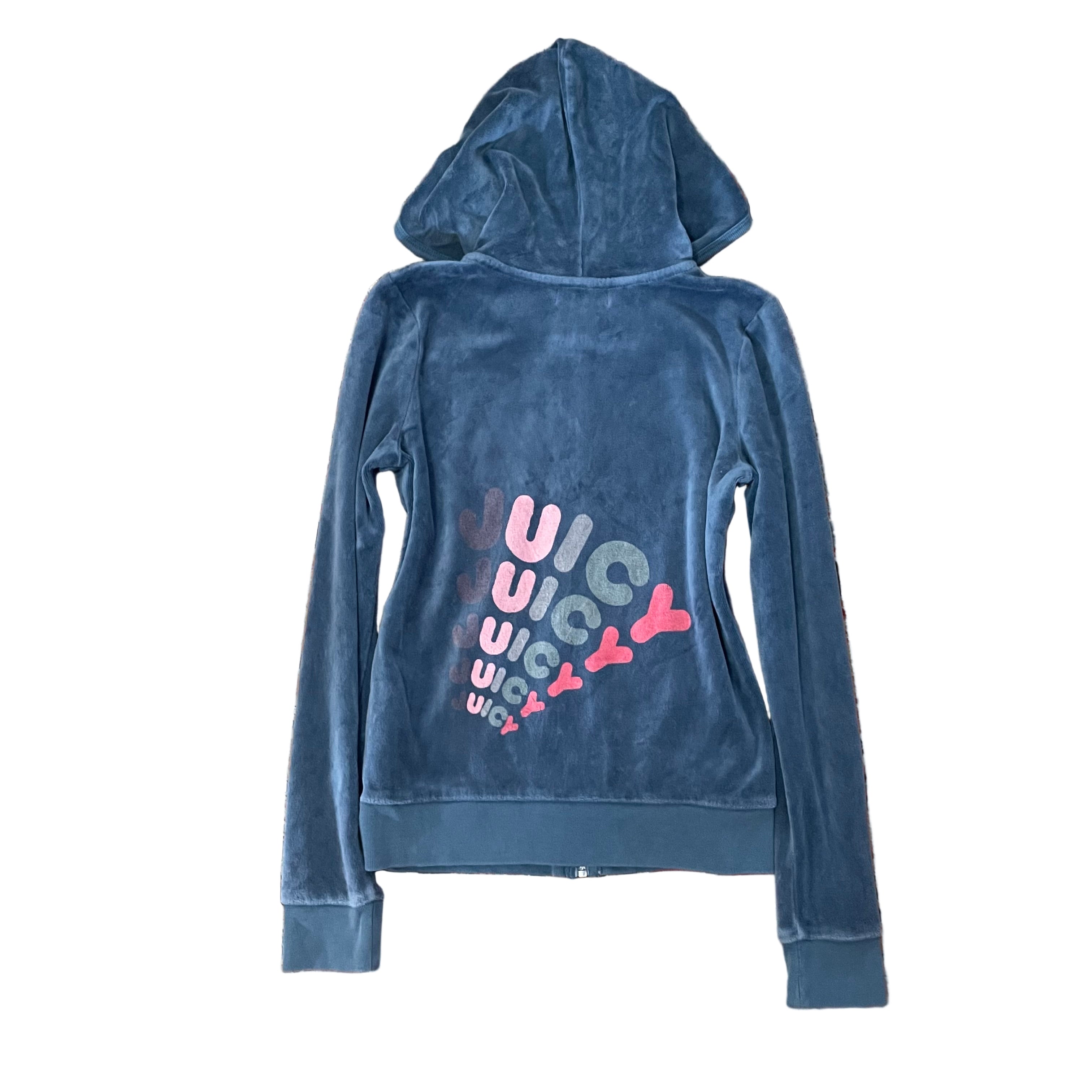 Vintage Juicy Couture Blue Velour Zip Hoodie Juicy Logo Back Kids 10