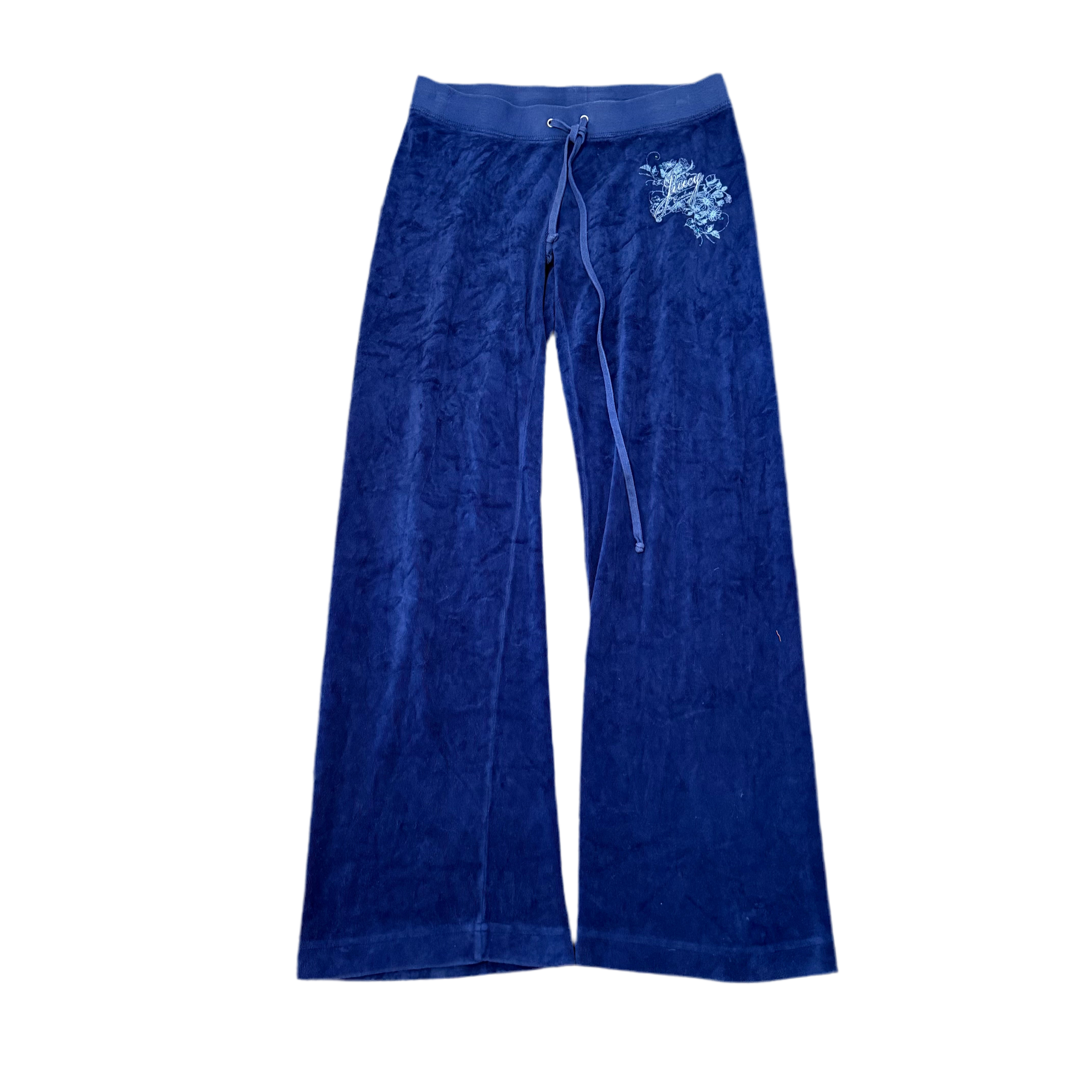 Vintage Juicy Couture Royal Blue Velour Rhinestone Crest Flared Pants Size P