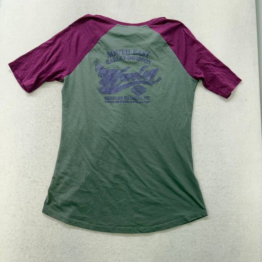 Harley-Davidson Women's Gray Purple Winged Graphic T-Shirt Raglan Sleeves Size L