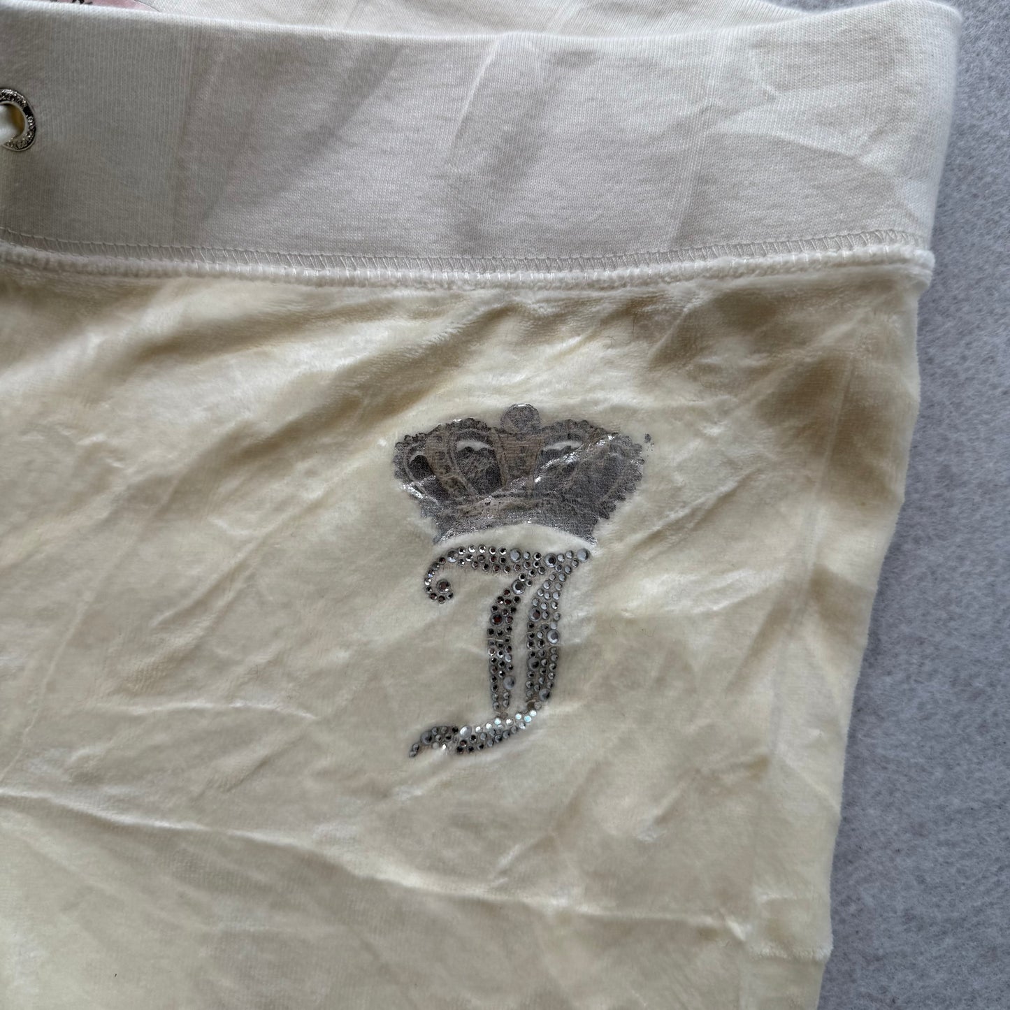 Juicy Couture Women's Cream Velour Flared Track Pant Rhinestones Logo Size M