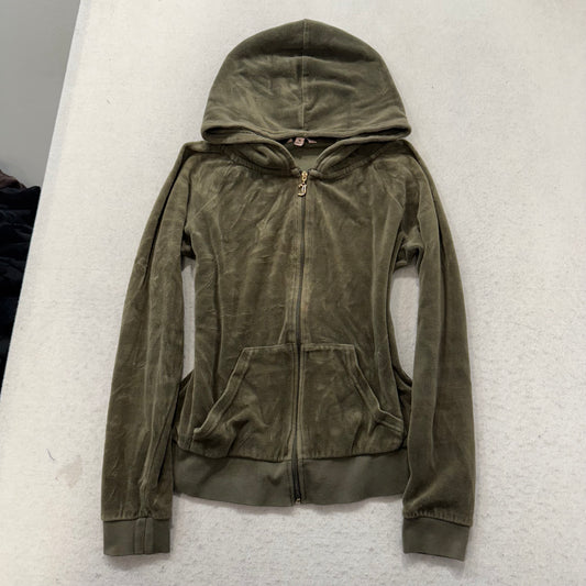 Juicy Couture Womens Olive Velour Zip-Up Hoodie Sequin Laurel Wreath Logo Size M