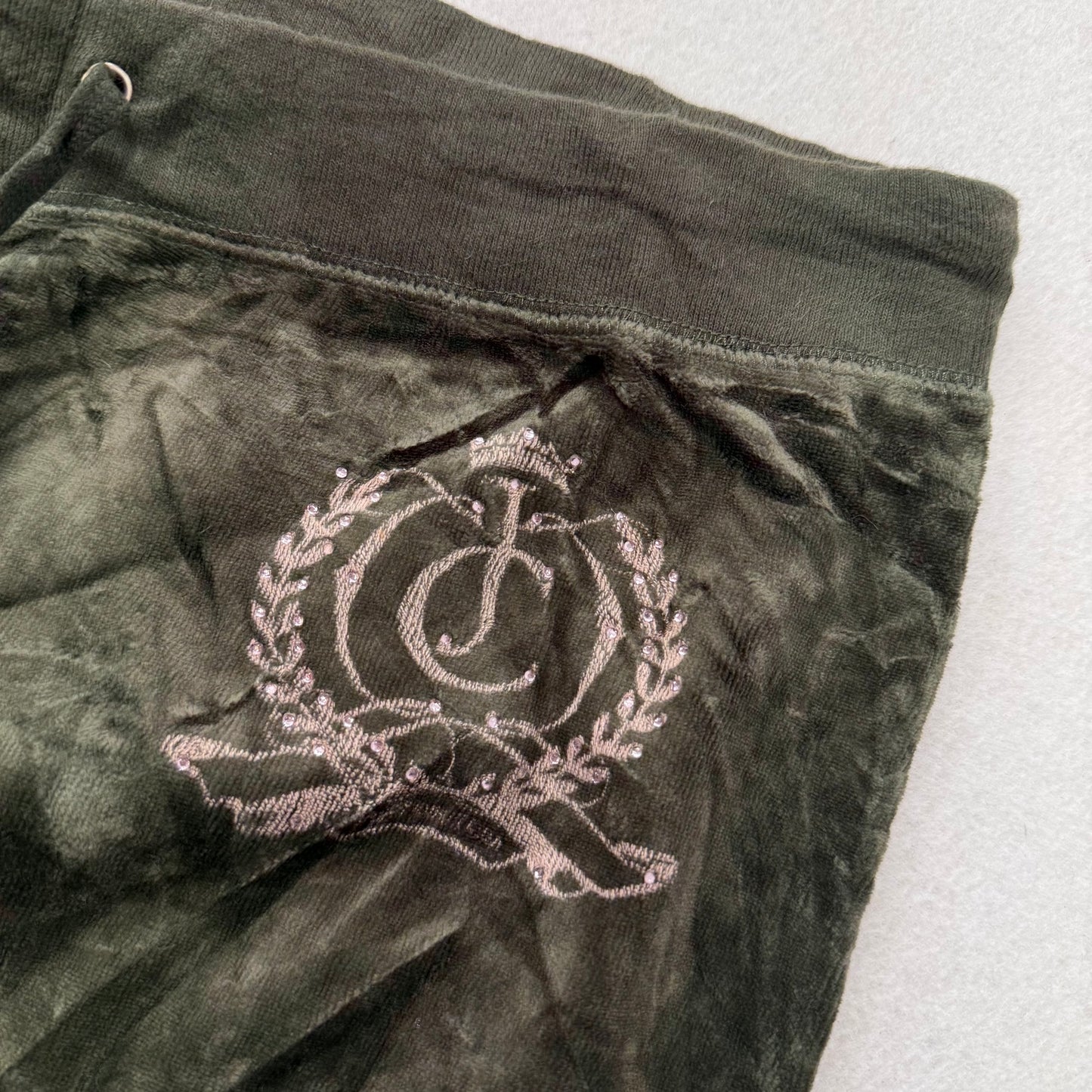 Vintage Juicy Couture Women's Dark Olive Green Velour Flared Track Pant Size L