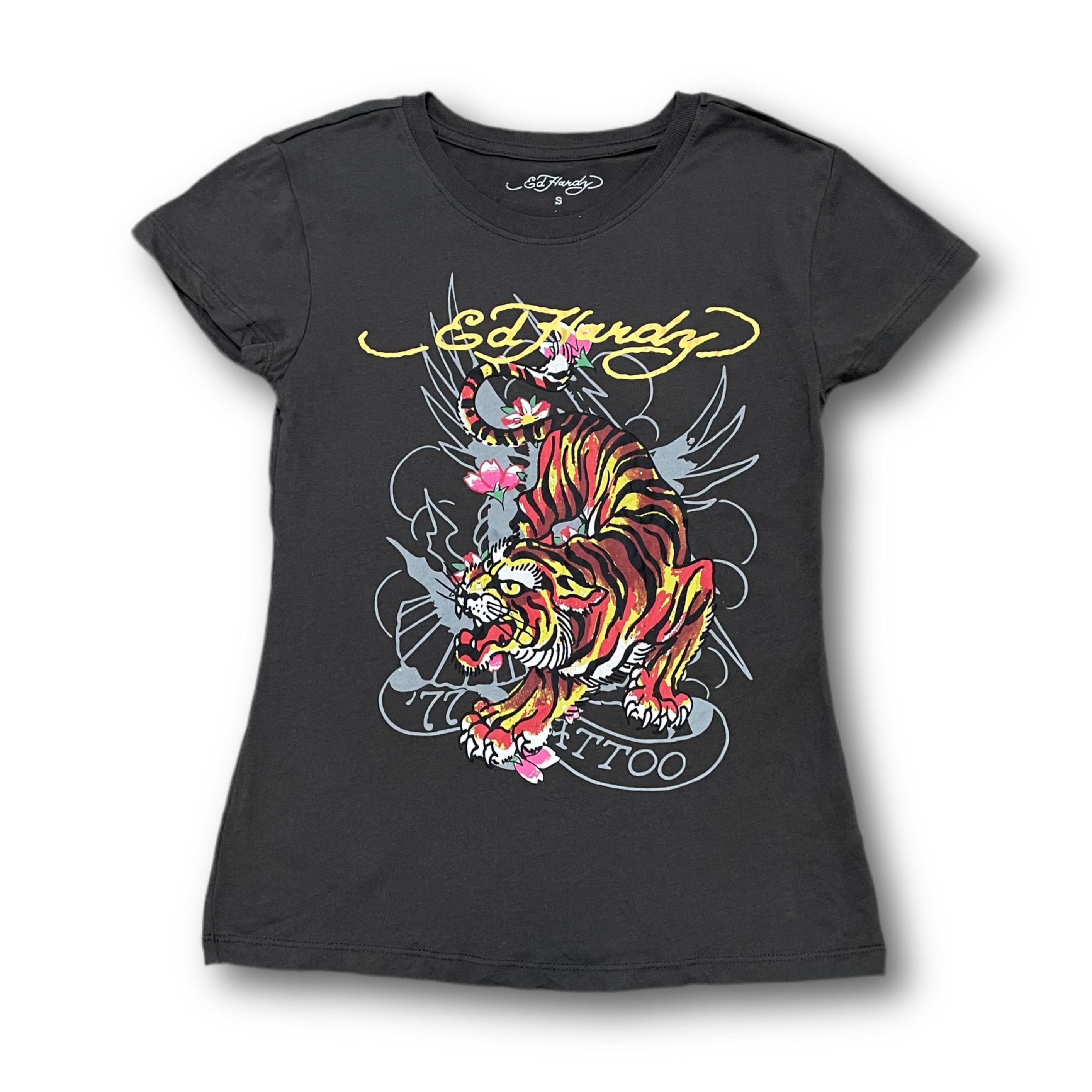 ED HARDY “Crawling Tiger” CHARCOAL CAP SLEEVE TEE