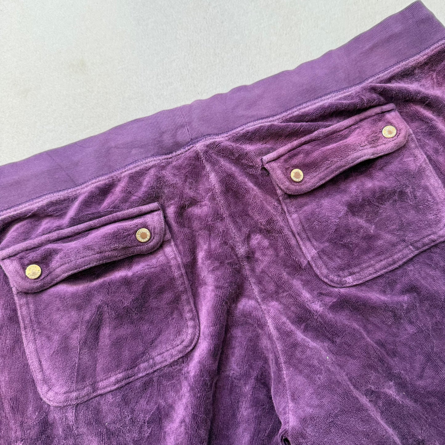 Juicy Couture Women's Purple Velour Flared Track Pant Snap Flap Pockets Size XL