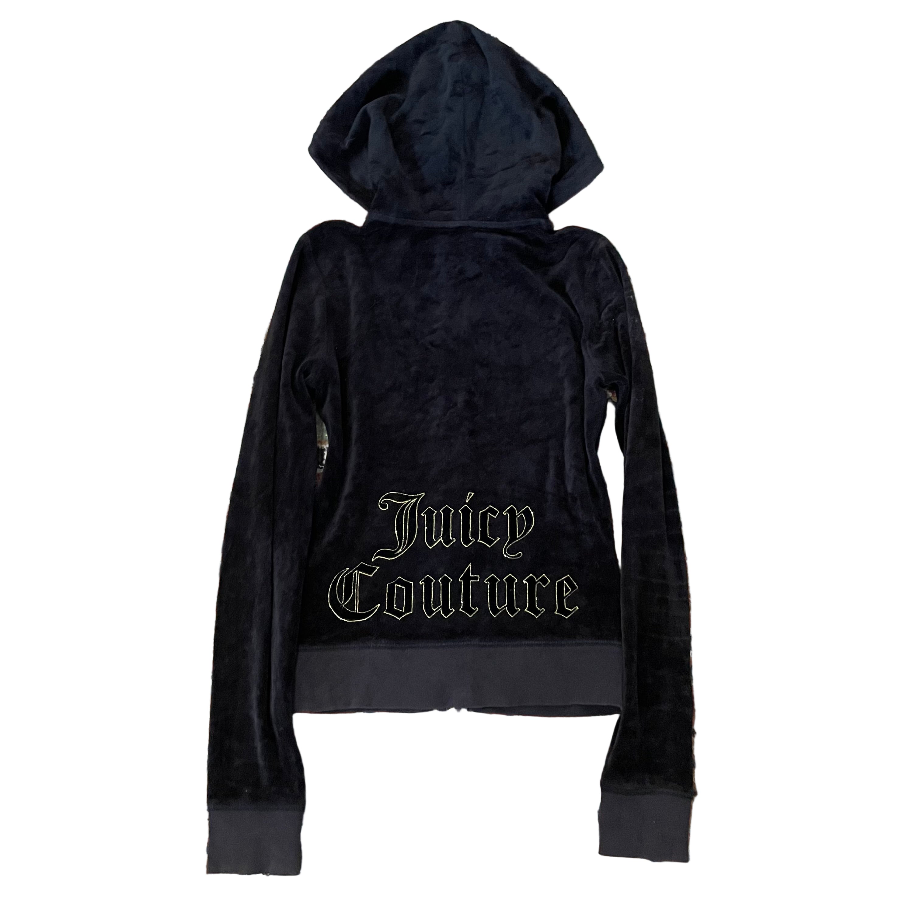 Vintage Juicy Couture Black Velour Gothic Script Back Logo Hoodie Size XS