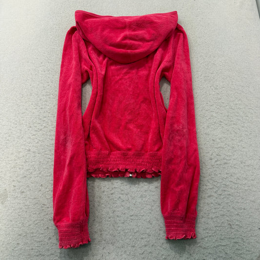 2003 Vintage Juicy Couture Women's Red Terry Cloth Zip-Up Hoodie Pockets Size L