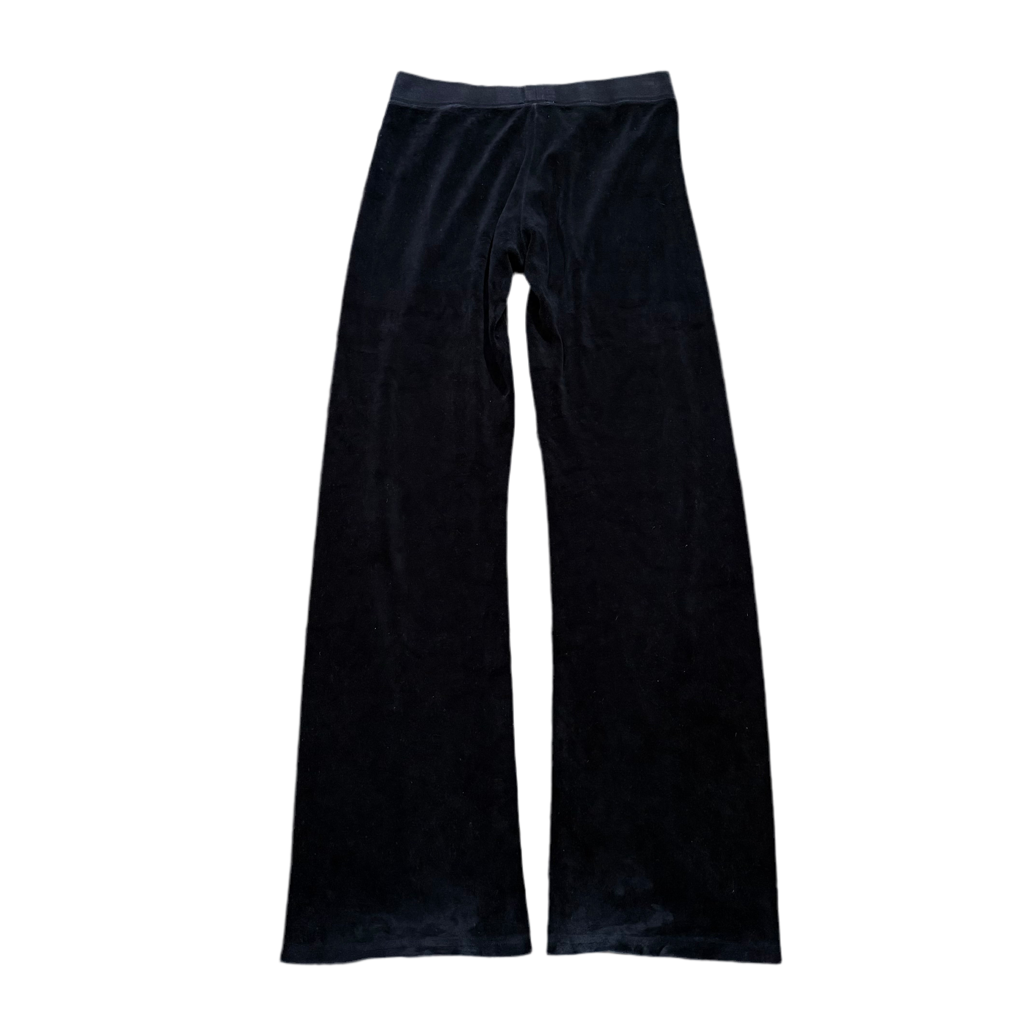 Vintage Juicy Couture Black Velour Rhinestone Logo Flared Pants Size XS