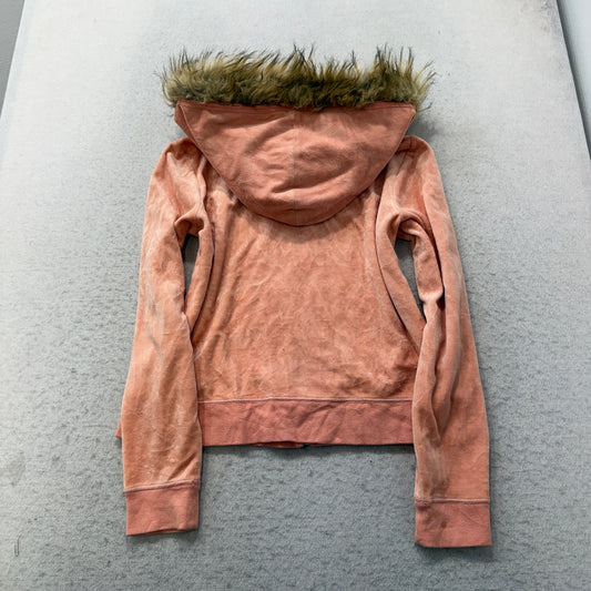 Vintage Juicy Couture Women's Coral Pink Velour Zip-Up Faux Fur-Trimmed Hood - S