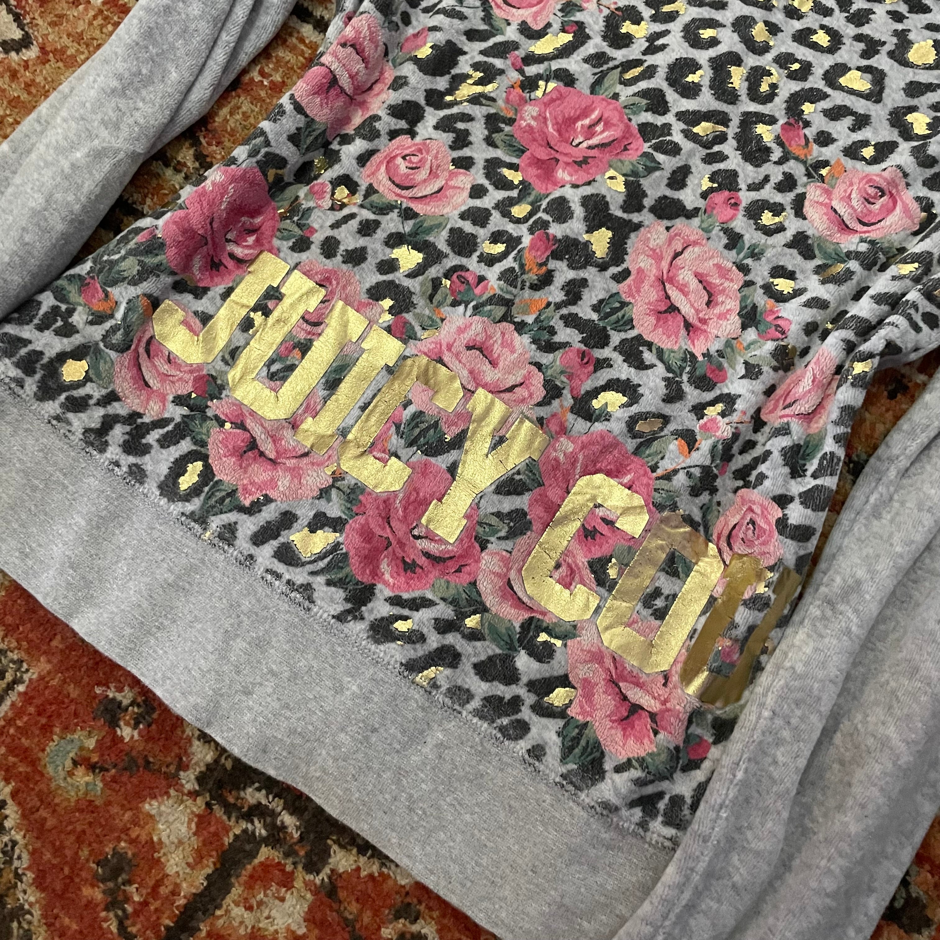 Vintage Juicy Couture gray terry zip hoodie with leopard rose back graphic Size S