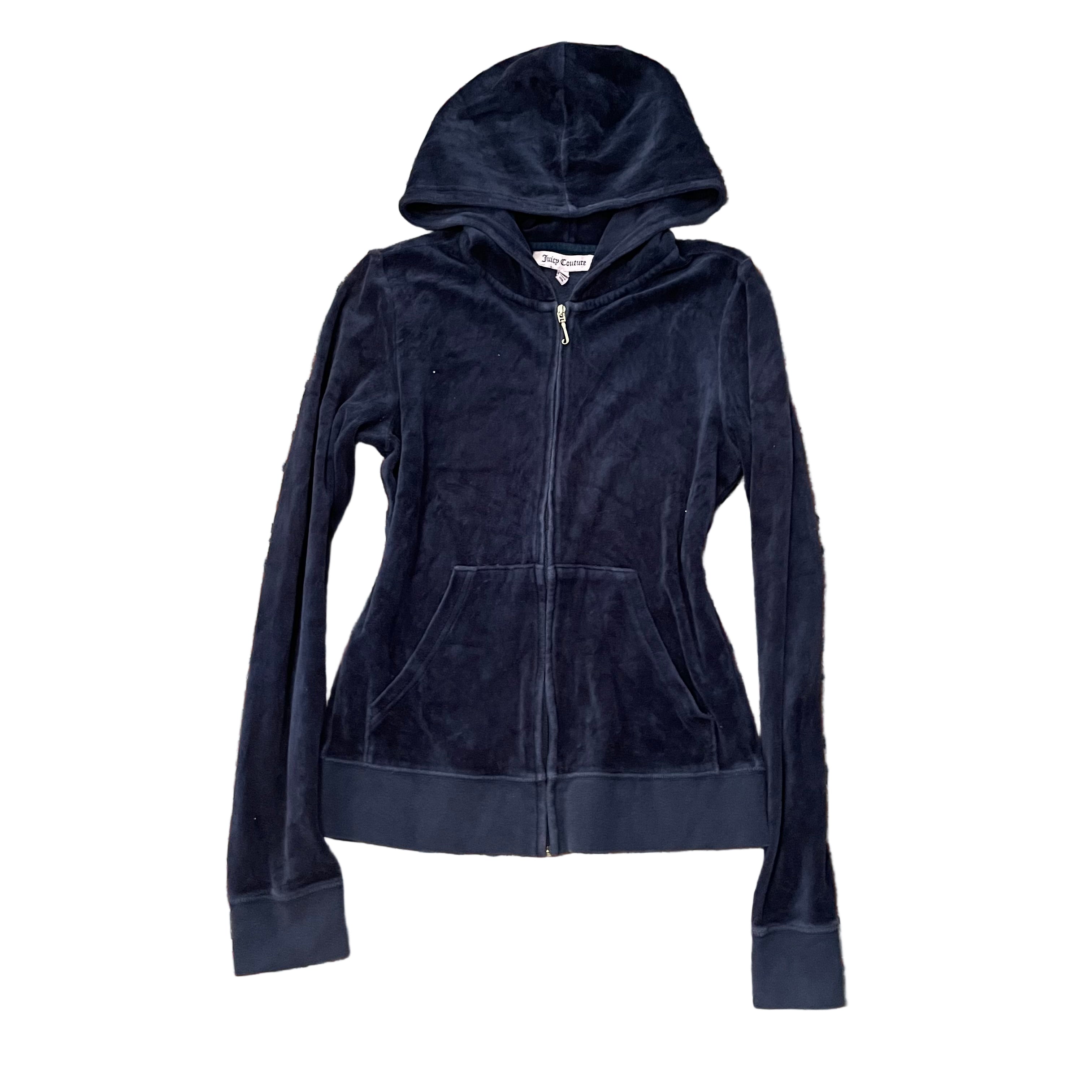 Vintage Juicy Couture Navy Velour Glitter Chandelier Crown Zip Hoodie Size M