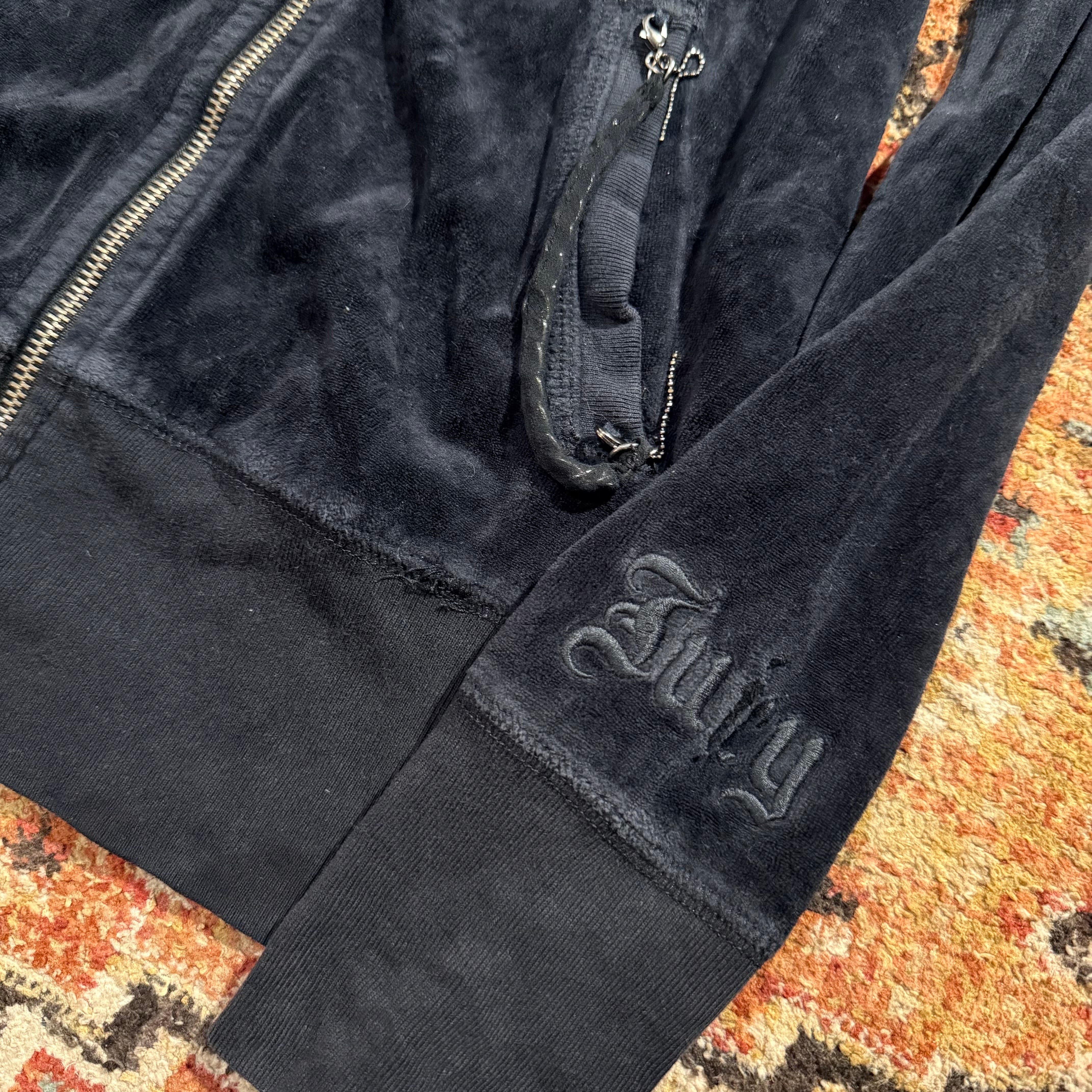 Vintage Juicy Couture Black Velour Chain Pocket Zip Hoodie Size S