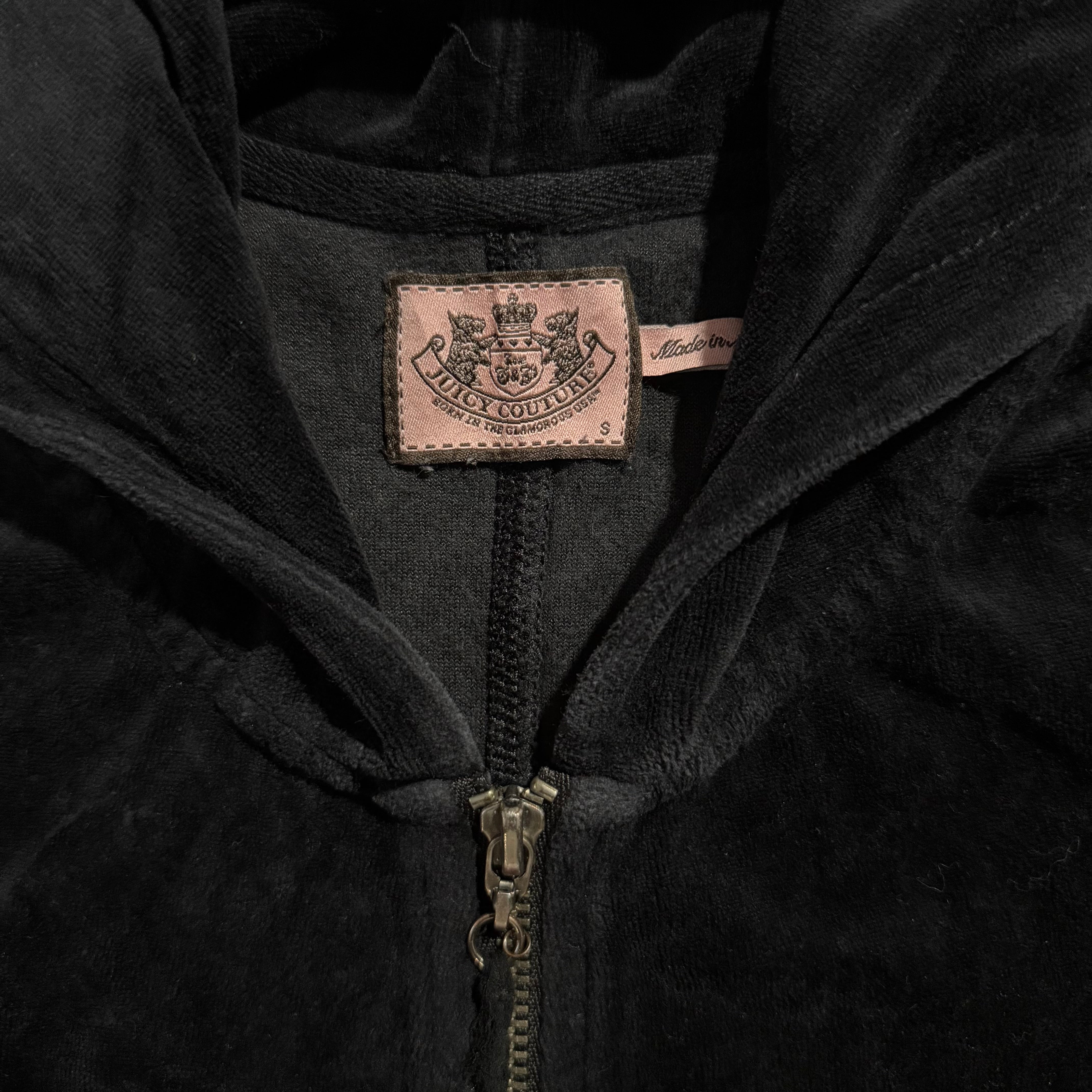 Vintage Juicy Couture Black Velour Chain Pocket Zip Hoodie Size S