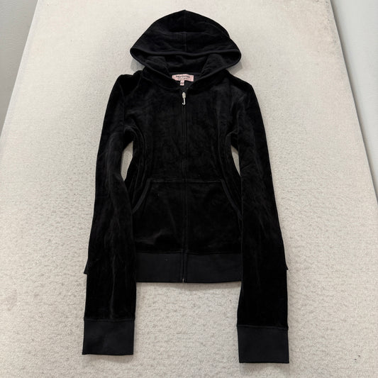 Juicy Couture Women's Black Velour Zip-Up Hoodie Sequin Dog Logo Pockets Size L