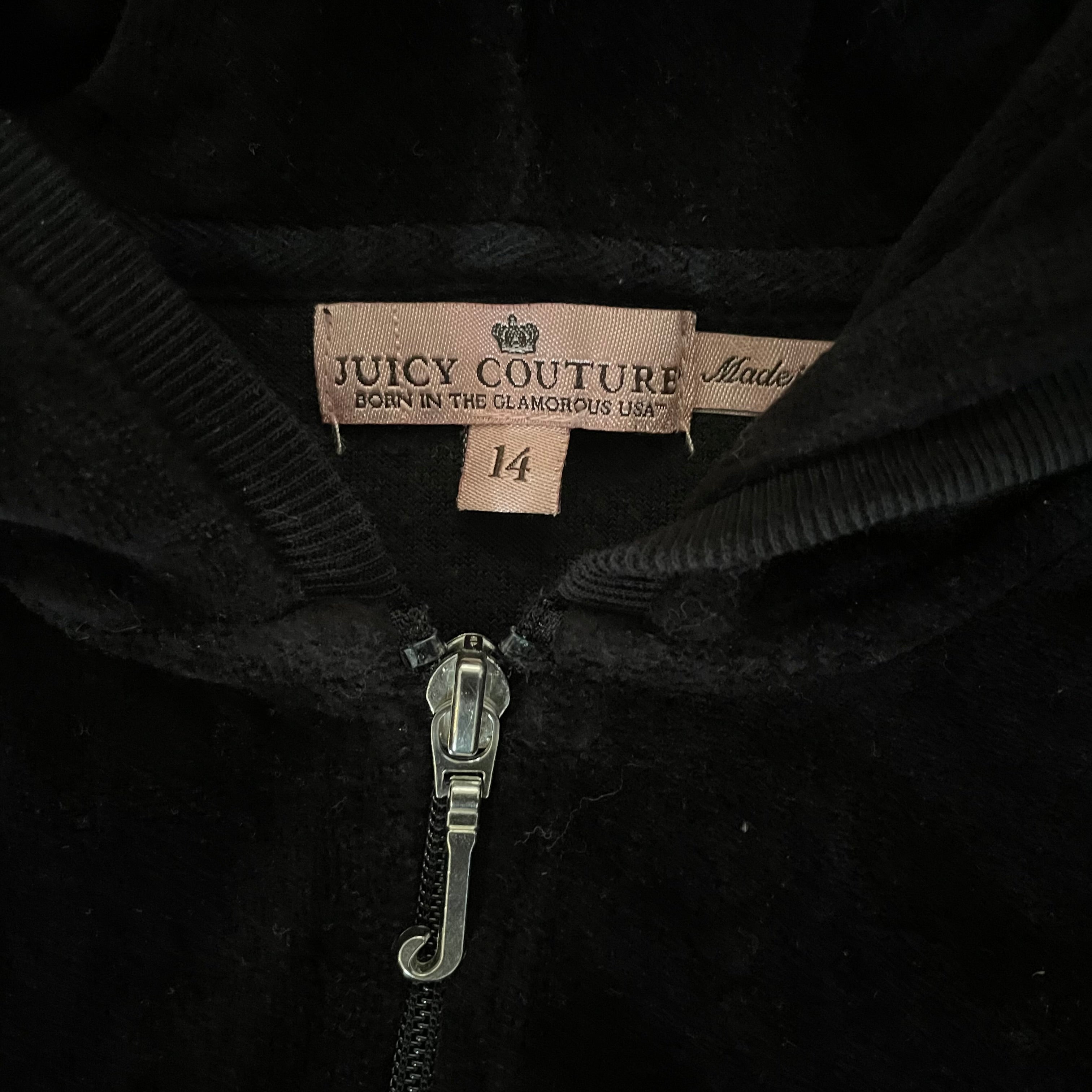 Juicy Couture Black Velour Zip Hoodie Ruffle Hem “Juicy Couture Crown” Kids 14
