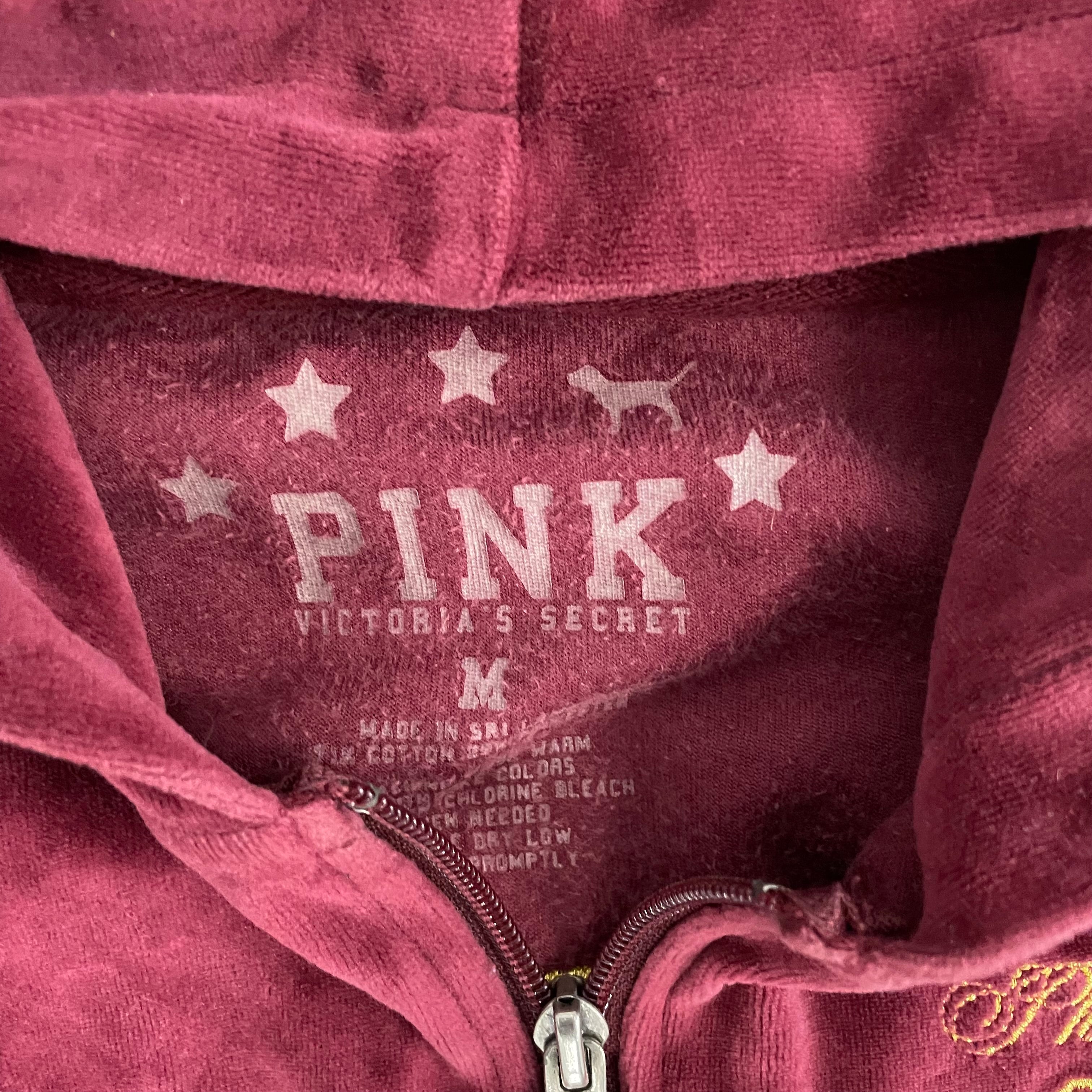 Vintage Victoria’s Secret PINK Burgundy Velour Hoodie with Embroidered Back Logo Size M