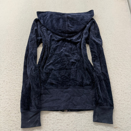 2003 Vintage Juicy Couture Women's Navy Blue Velour Zip-Up Hoodie Pockets Size L
