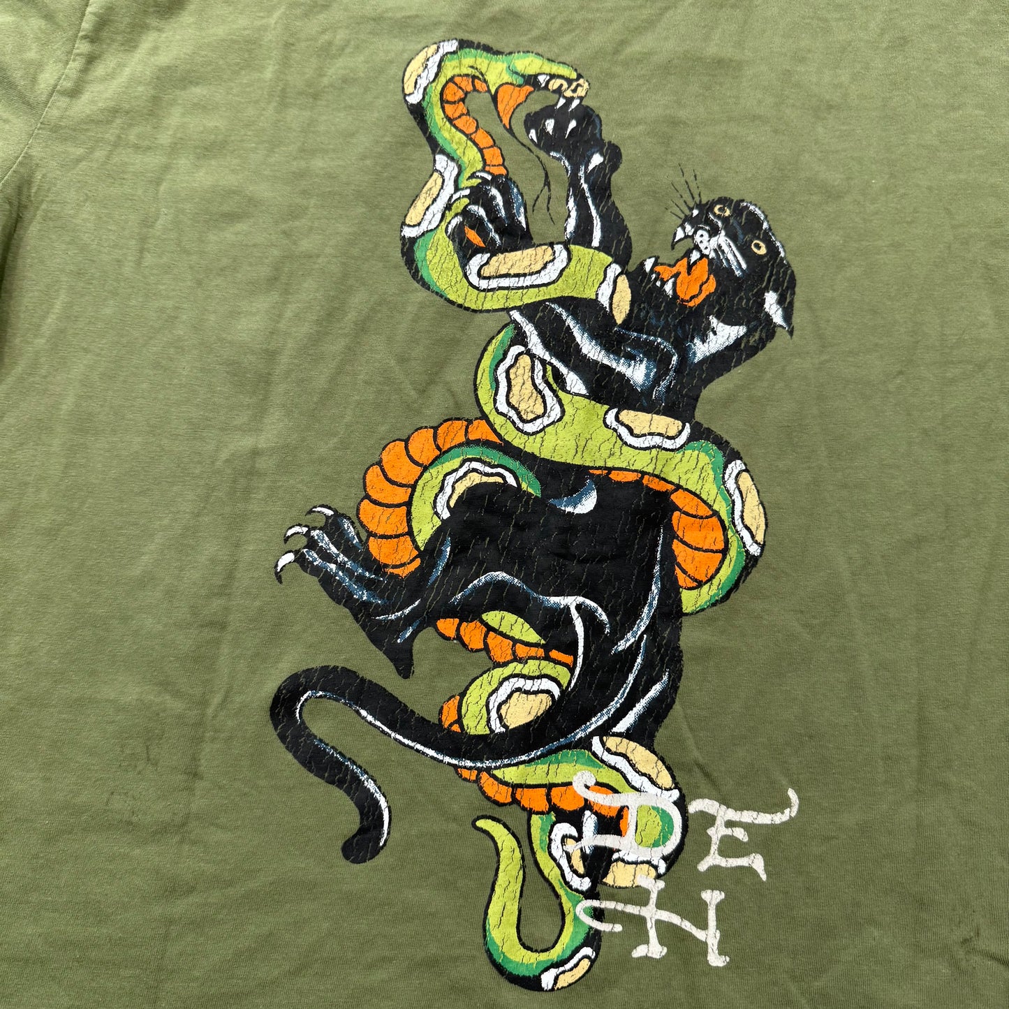 ED HARDY Men's Olive Green Cotton T-Shirt Black Panther & Snake Graphic Size XL