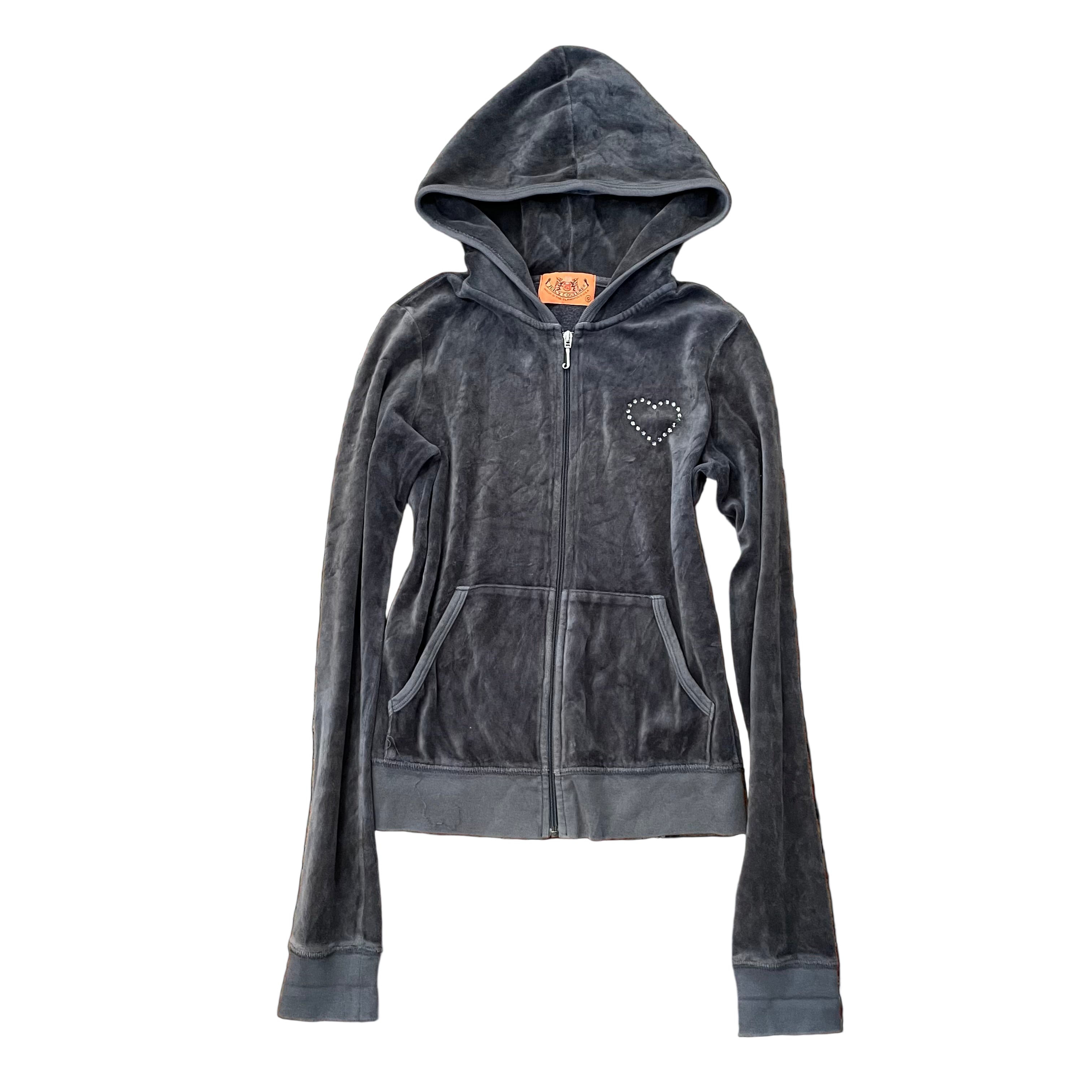 Vintage Juicy Couture Grey Velour Rhinestone Heart Zip Hoodie Size S