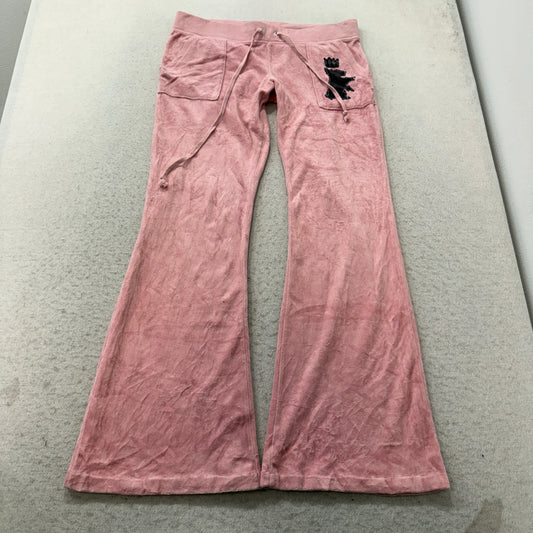 Juicy Couture Women's Pink Velour Flared Leg Track Pants Pockets Dog Logo Size S