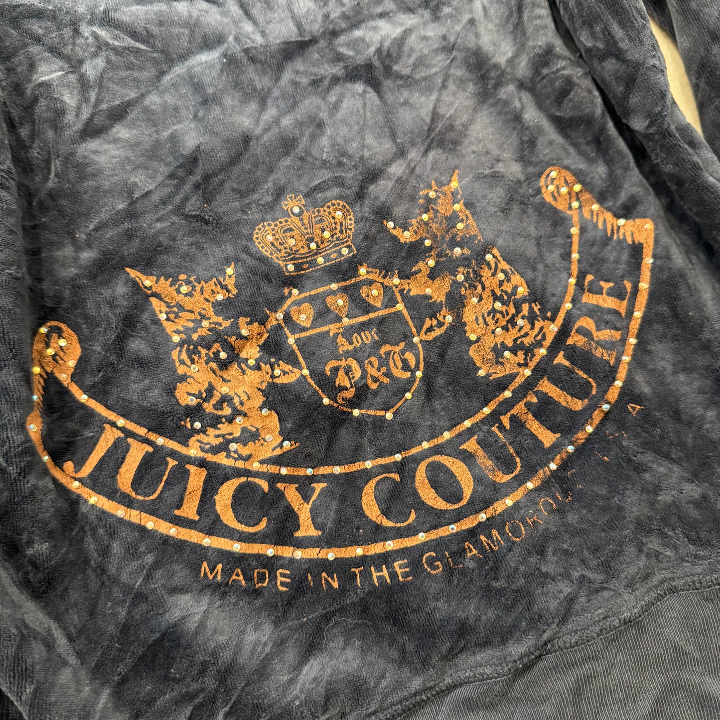 Juicy Couture “Scottie Dogs” Navy Velour Zip Up Hoodie Rhinestones Logo Size M