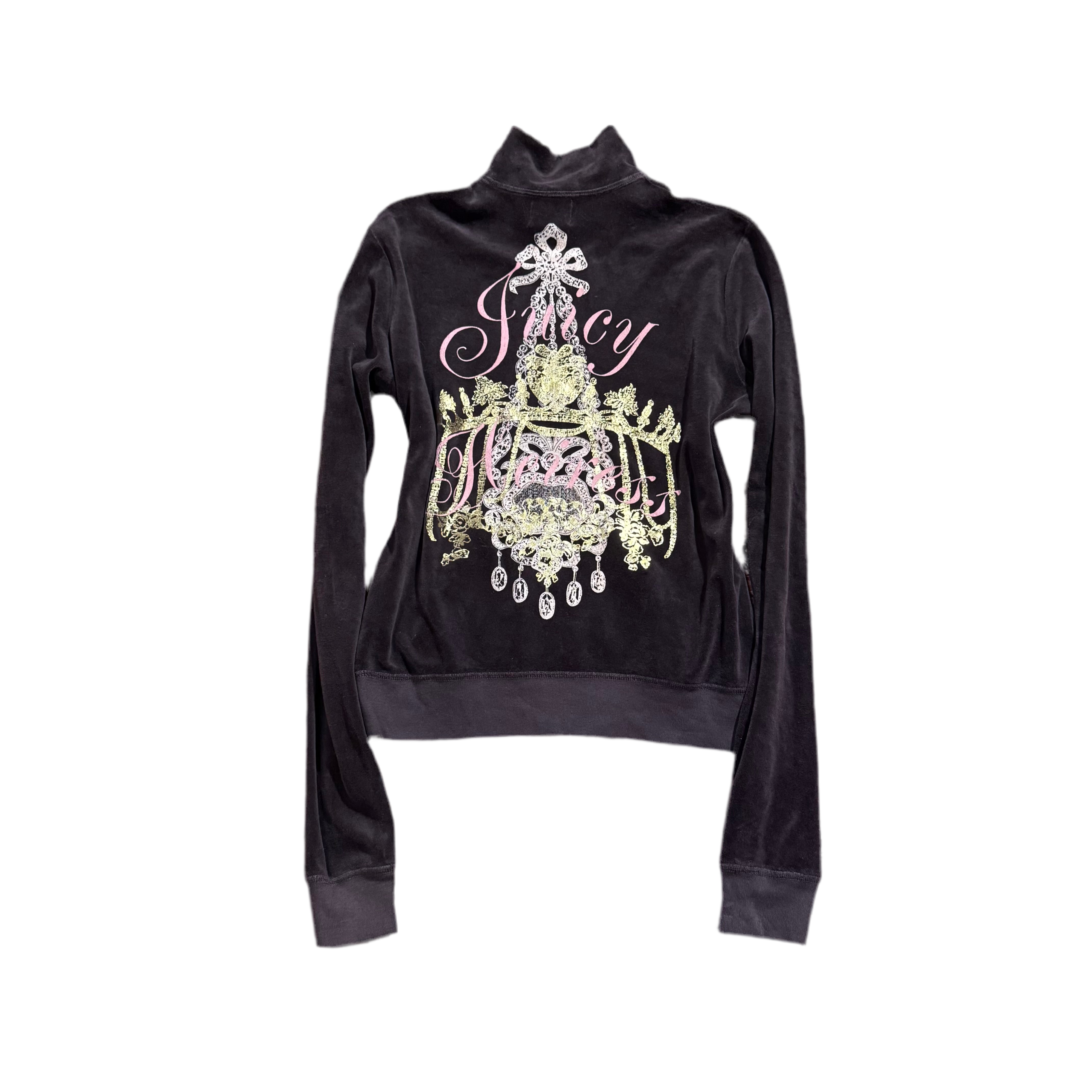 Vintage Juicy Couture “Juicy Heiress” Brown Velour Chandelier Back Zip Hoodie Size XL