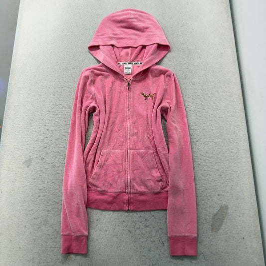 Juicy Couture Women's Pink Velour Zip-Up Hoodie Loungewear Sequin Logo Size M