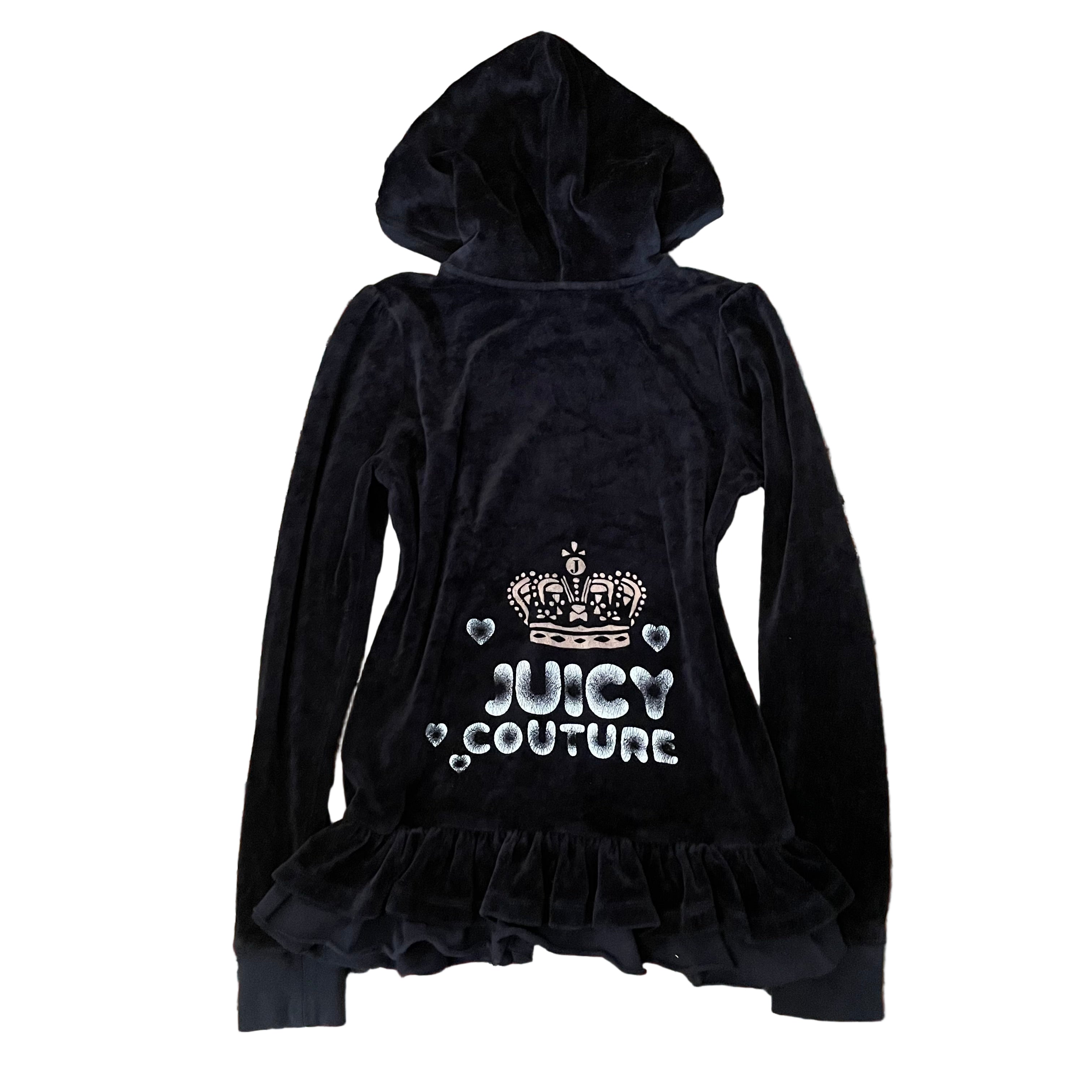 Juicy Couture Black Velour Zip Hoodie Ruffle Hem “Juicy Couture Crown” Kids 14
